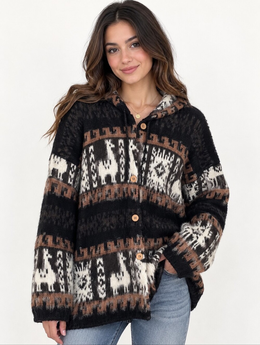 Vintage Cadena Ecuador Llama Hooded Cardigan Sweater Black Brown Oversized